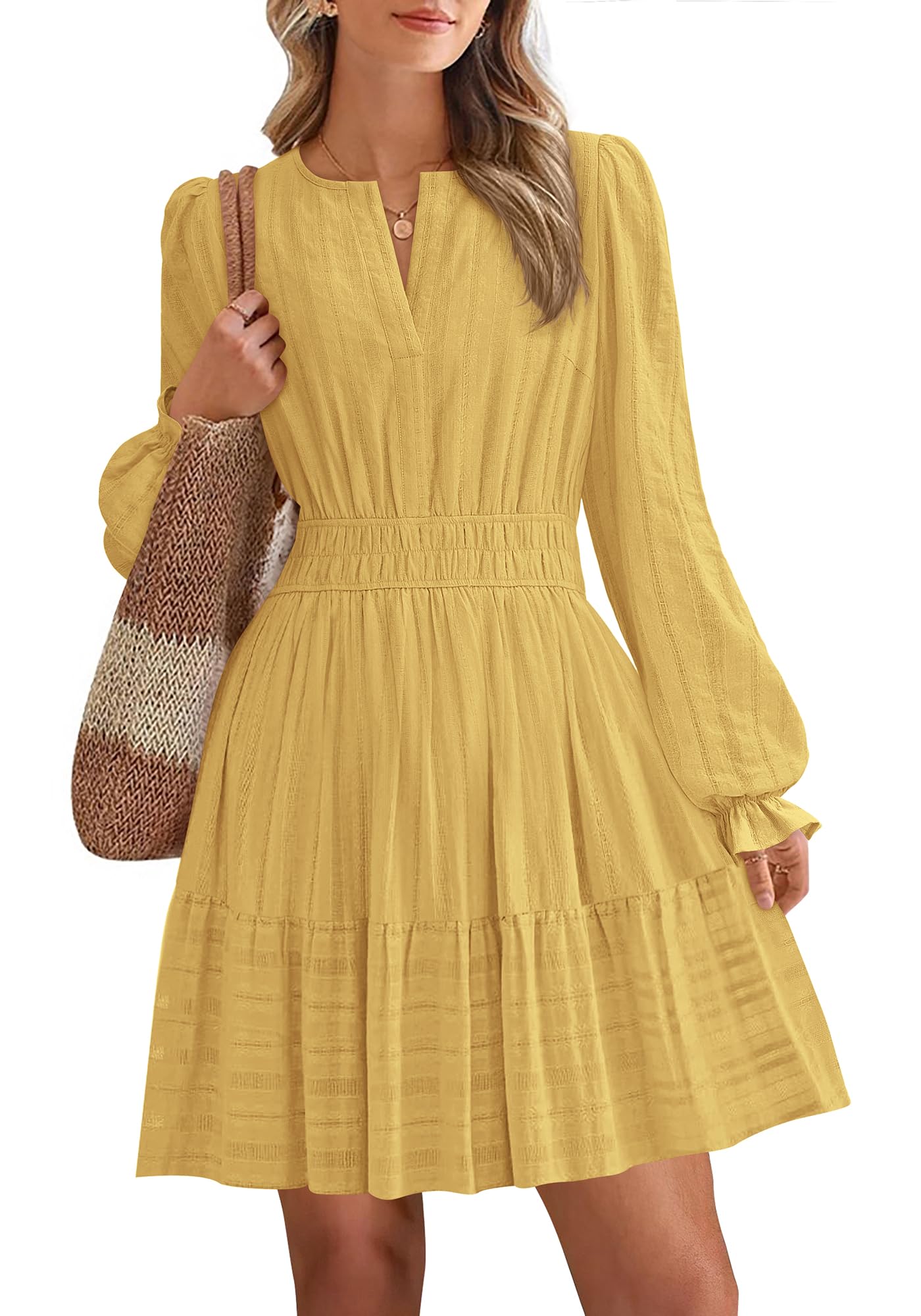 Women 2026 Casual Lightweight Long Sleeve V Neck A Line Elastic Waist Mini Dresses(50% OFF!!!)