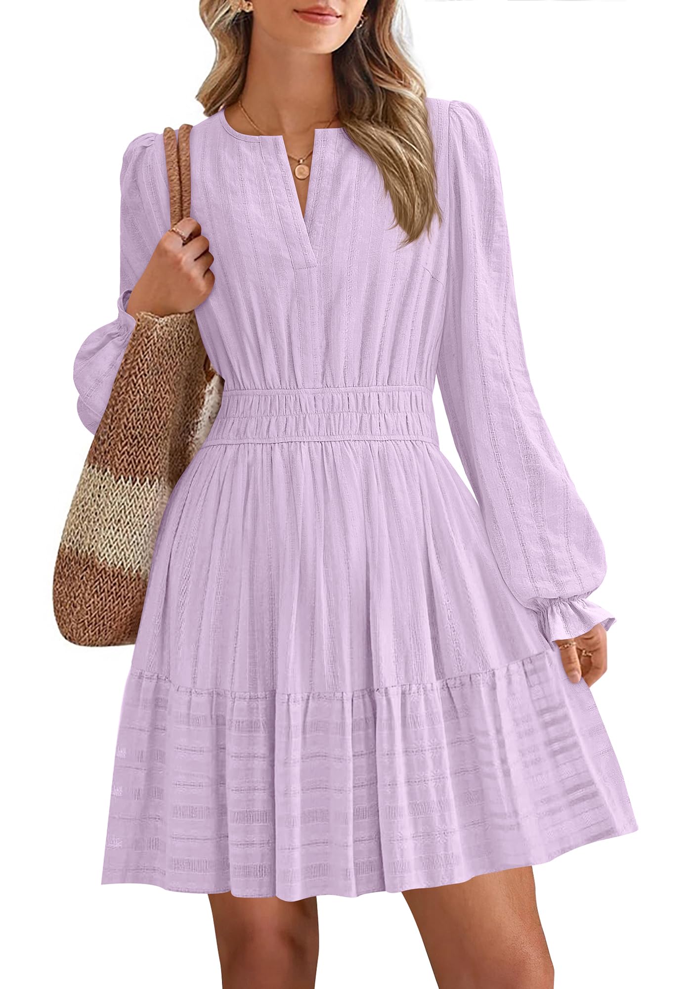 Women 2026 Casual Lightweight Long Sleeve V Neck A Line Elastic Waist Mini Dresses(50% OFF!!!)