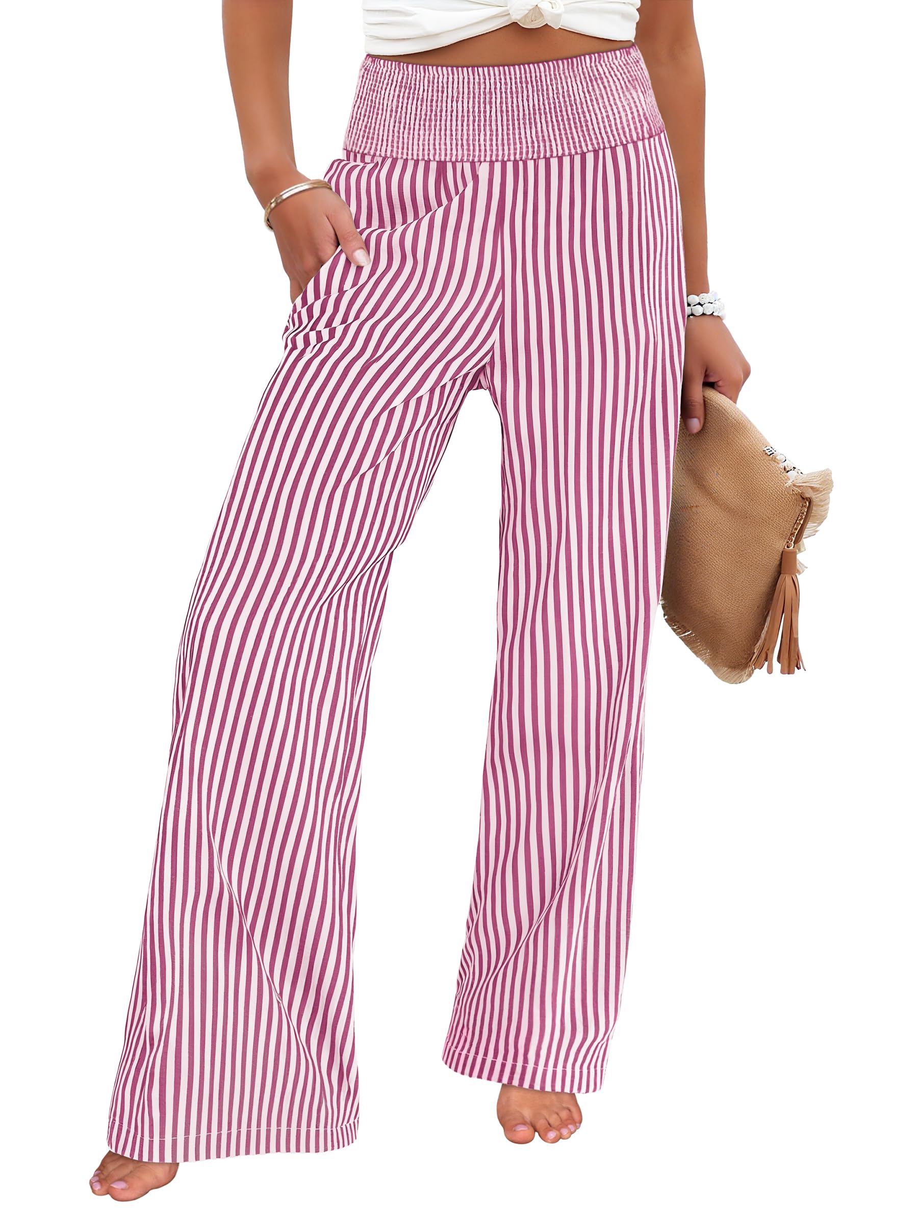 Womens Striped Palazzo Pants Wide Leg High Waisted Trousers with Pockets