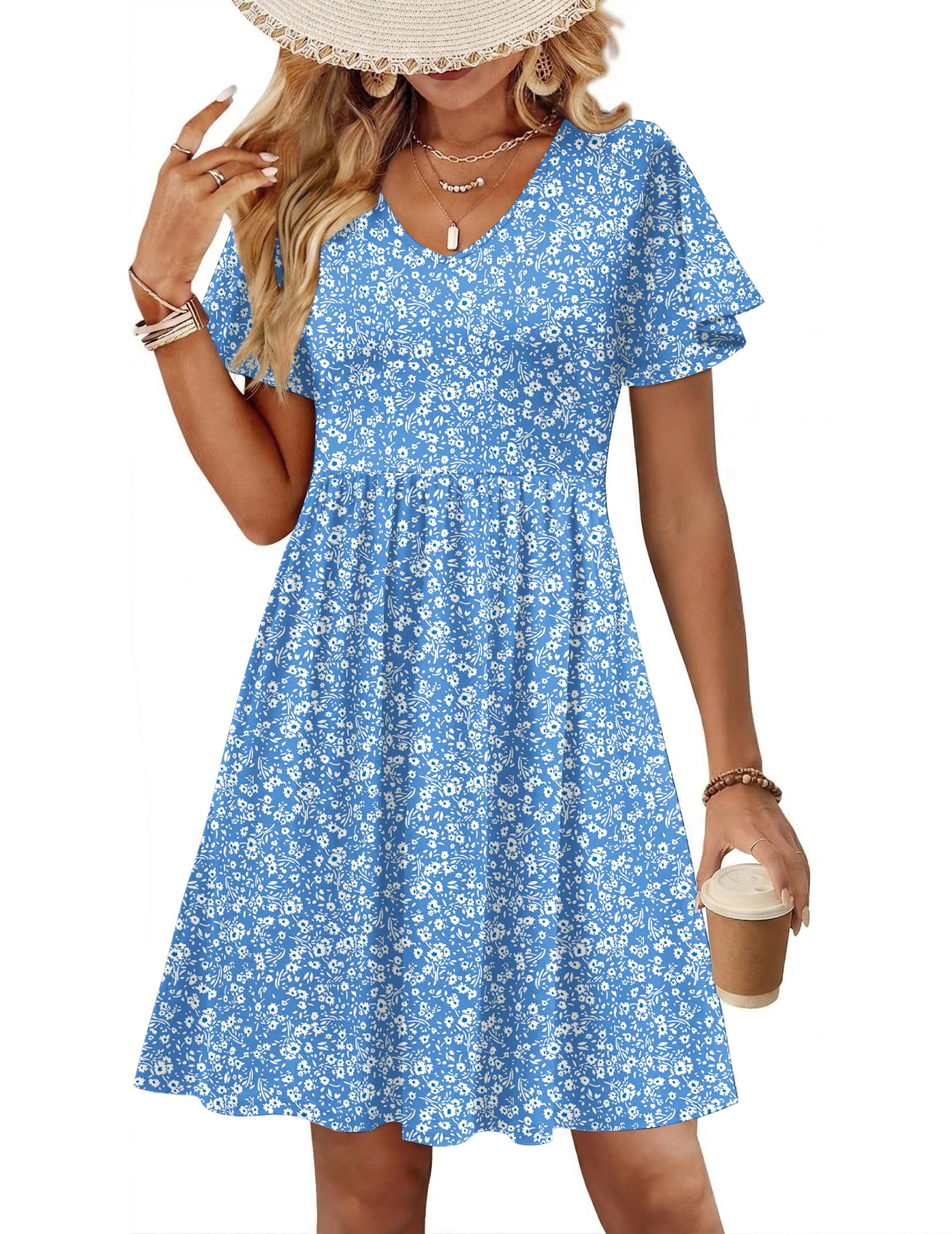 Womens Floral Ruffle Short Sleeve Sundresses Beach Mini Dress
