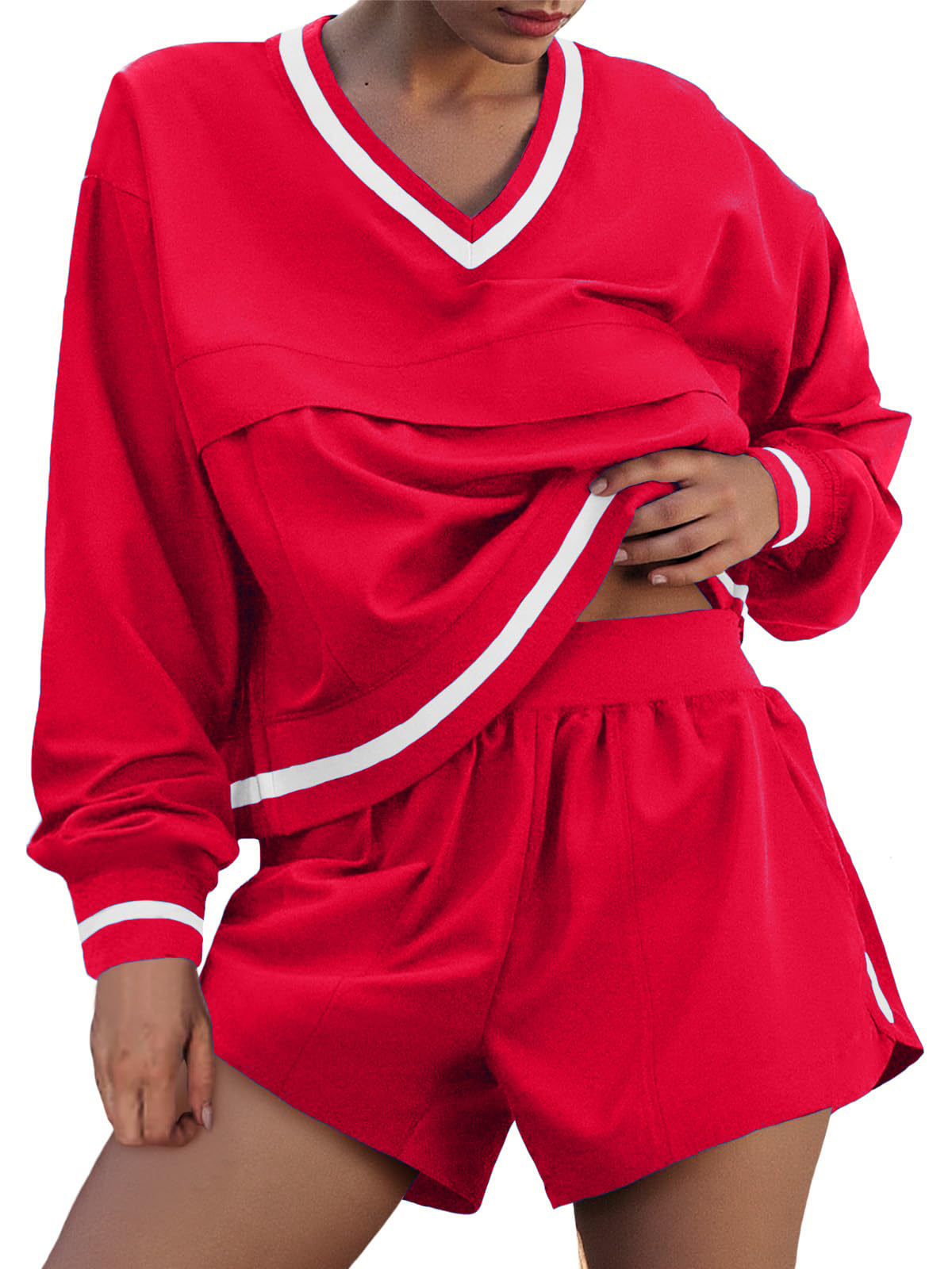 Womens Long Sleeve V Neck Sweatshirt High Waist Running Shorts Sets