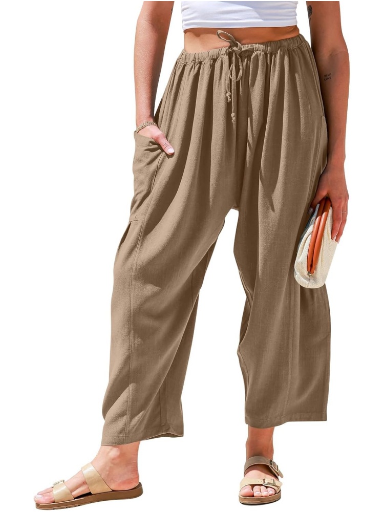 Womens Linen Drawstring Palazzo Harem Pants with Pockets