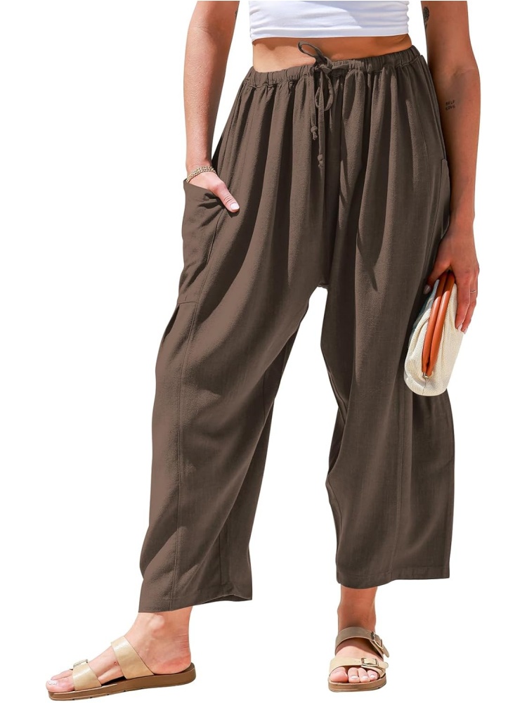 Womens Linen Drawstring Palazzo Harem Pants with Pockets