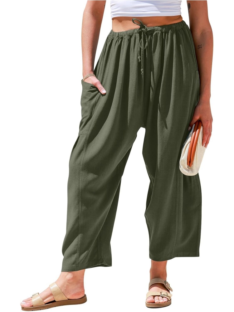 Womens Linen Drawstring Palazzo Harem Pants with Pockets