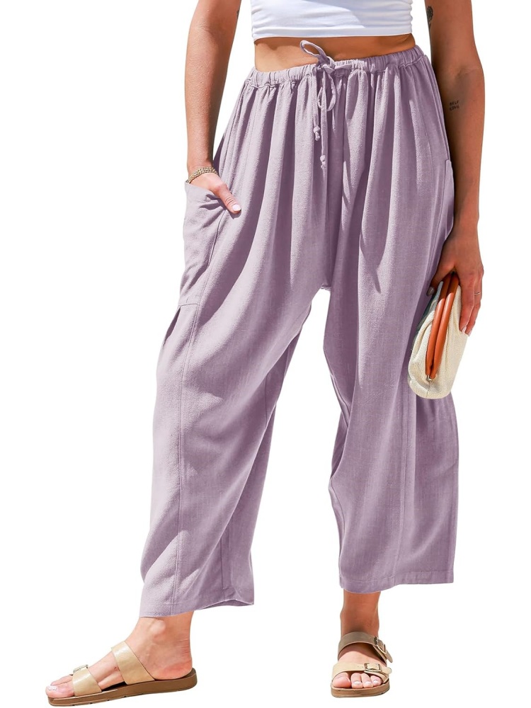 Womens Linen Drawstring Palazzo Harem Pants with Pockets