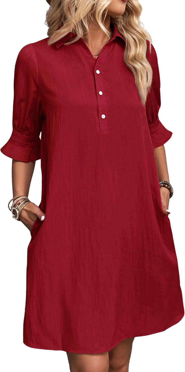 Womens Casual Shirt Dress Ruffle Sleeve Solid Color Button Down