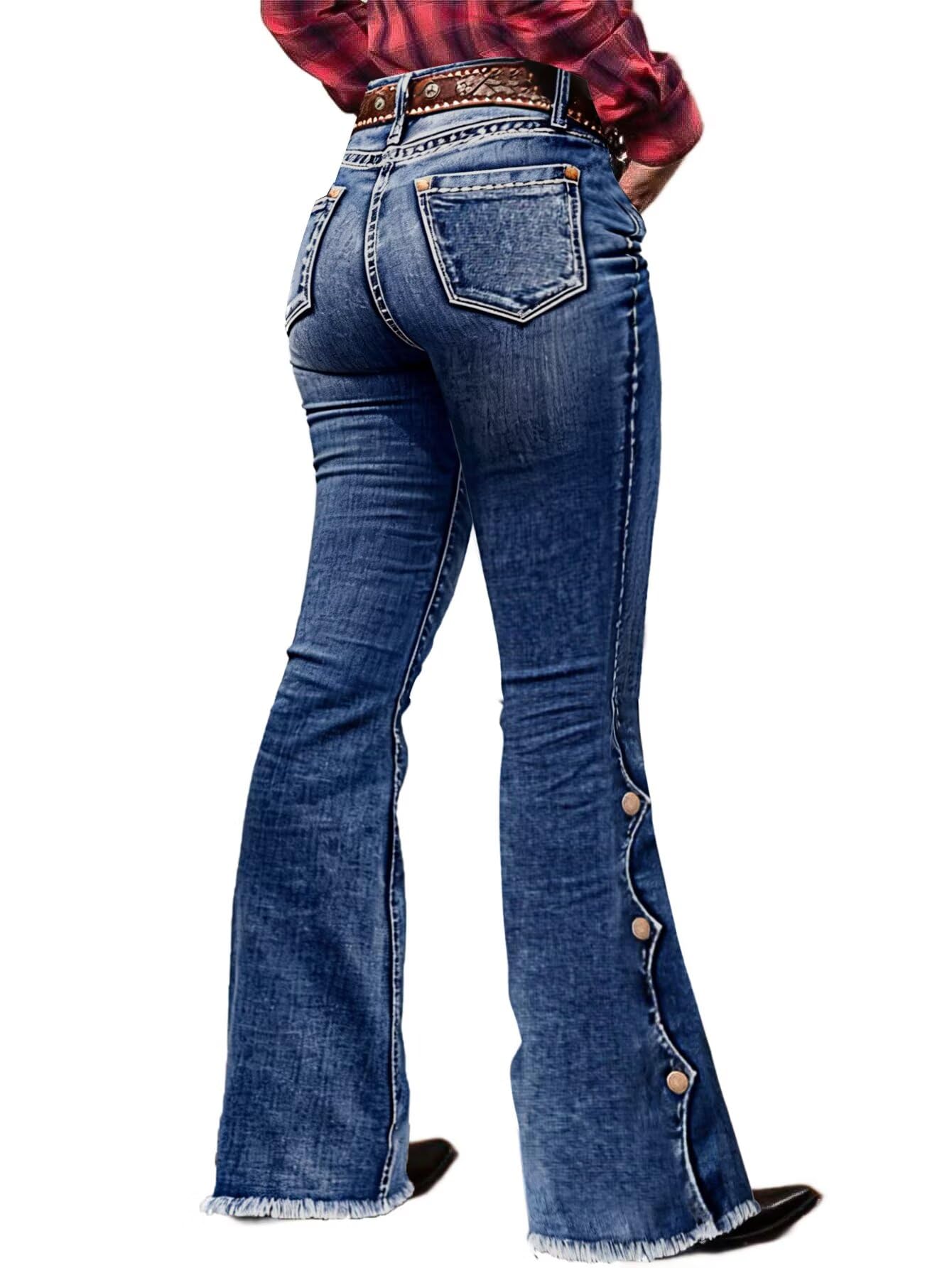 Women's Raw Hem Button Side Mid Waist Bootcut Jeans