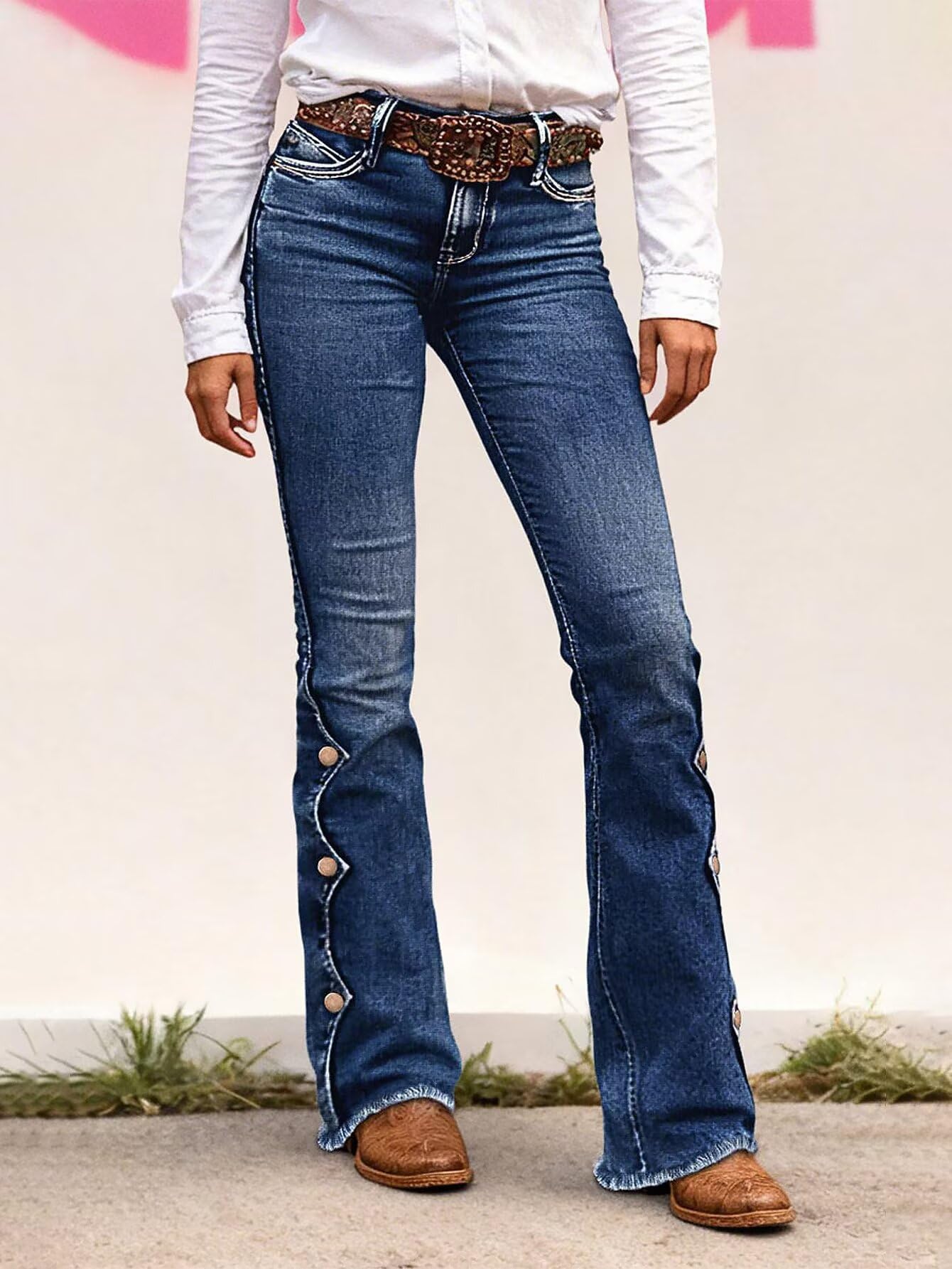 Women's Raw Hem Button Side Mid Waist Bootcut Jeans