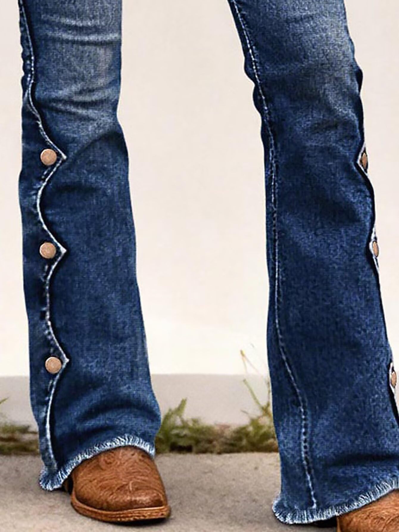 Women's Raw Hem Button Side Mid Waist Bootcut Jeans