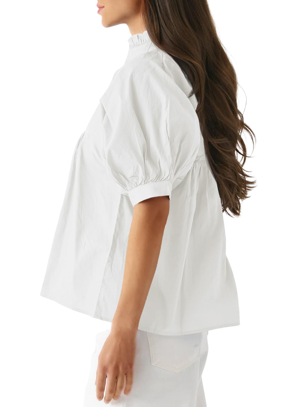 Womens Puff Sleeve V Neck Blouse Pleated Babydoll Peplum Tops