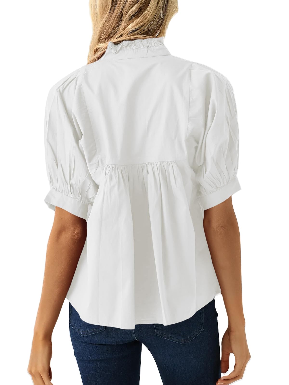 Womens Puff Sleeve V Neck Blouse Pleated Babydoll Peplum Tops