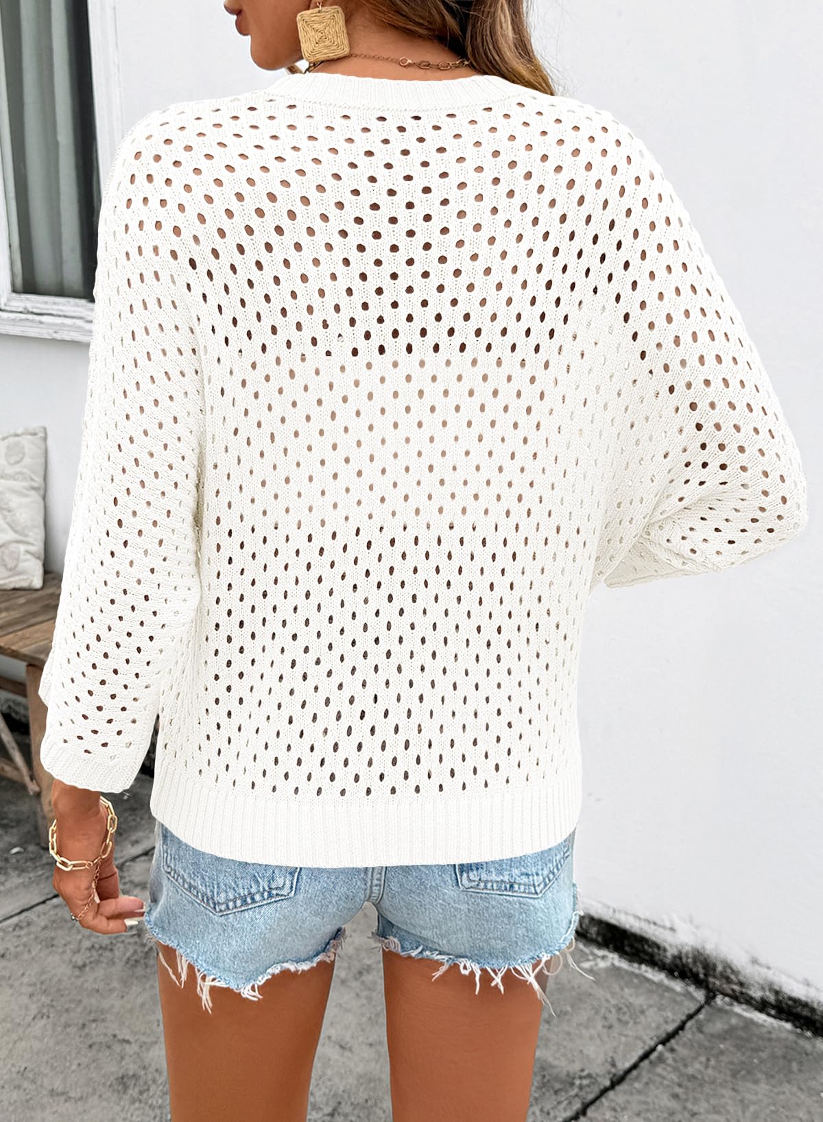 Womens Crew Neck 3/4 Length Sleeve Crochet Tops