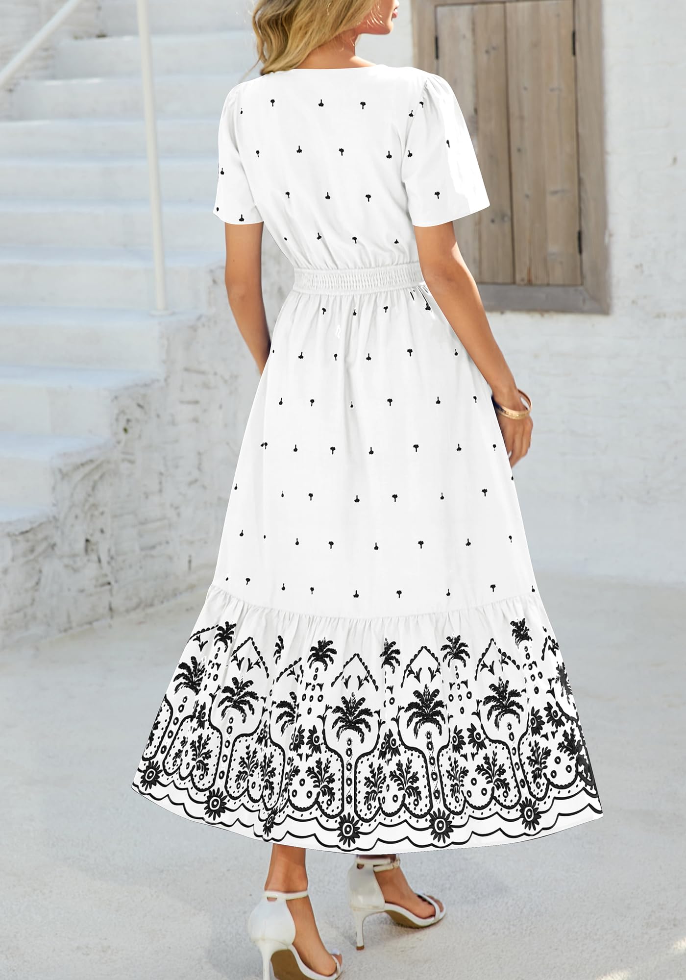 Womens Casual Short Sleeve Elastic Waist Flowy Beach Vacation Floral Boho Maxi Dress