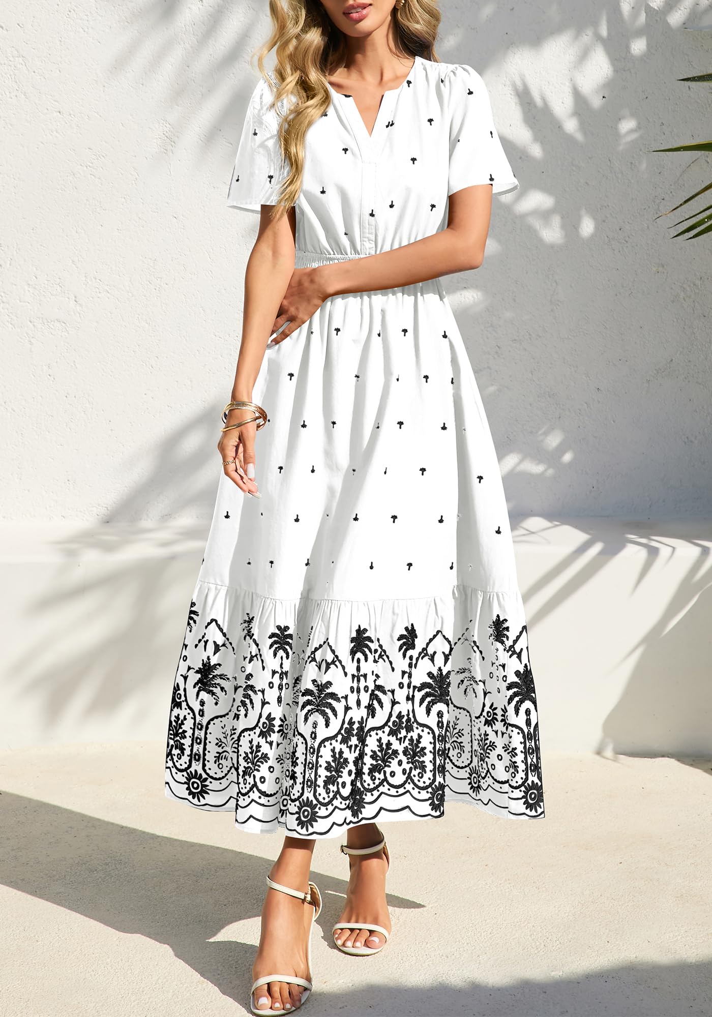 Womens Casual Short Sleeve Elastic Waist Flowy Beach Vacation Floral Boho Maxi Dress
