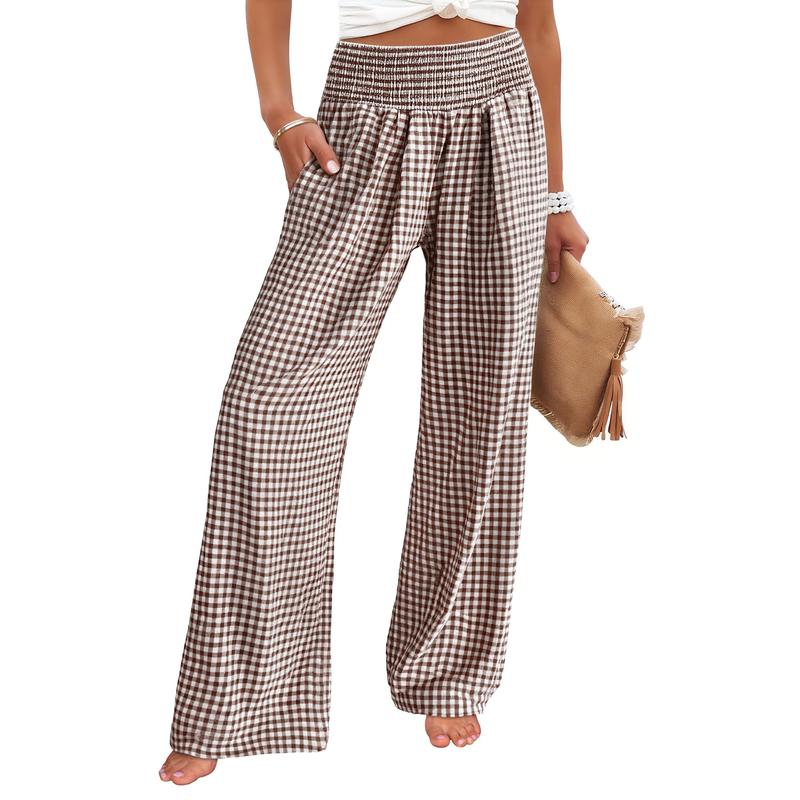 Womens Gingham Palazzo High Waisted Pants
