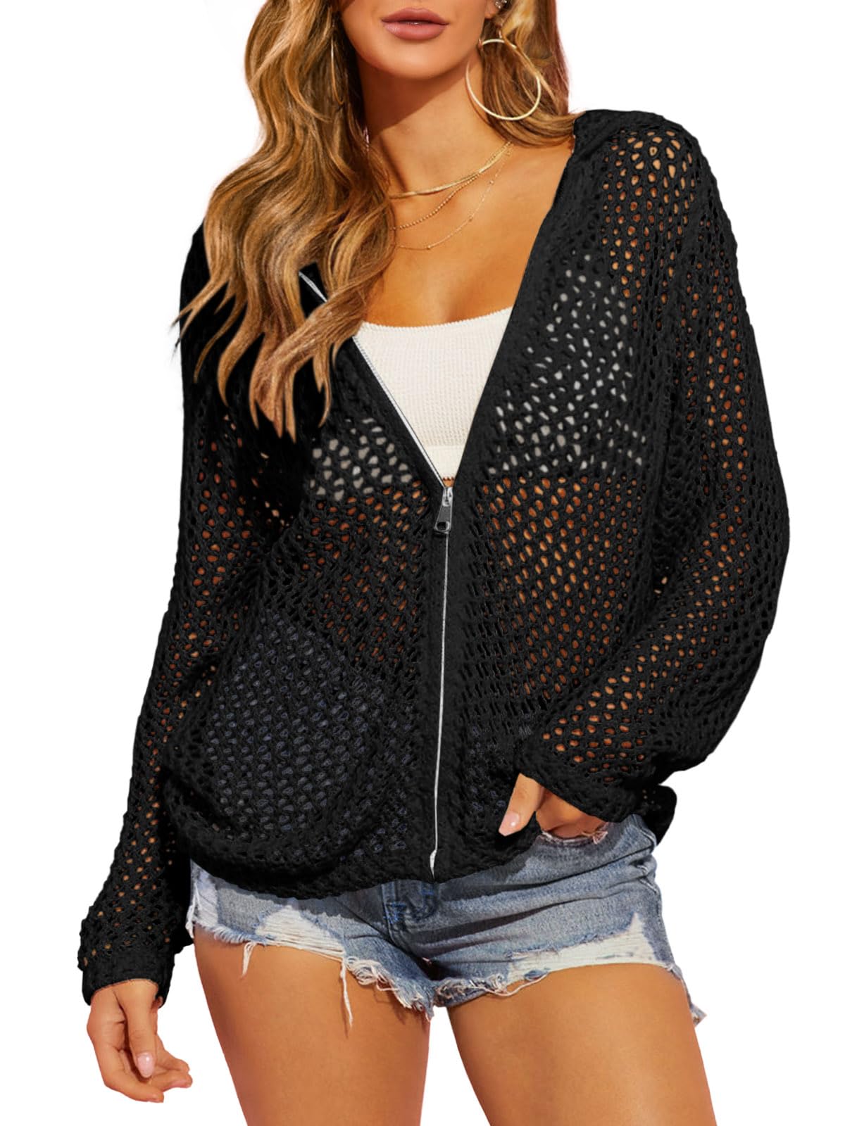 Womens Crochet Lightweight Cardigans Zip Up Hooded Long Sleeve Knit Sweaters Mesh Beach Swim Cover Up