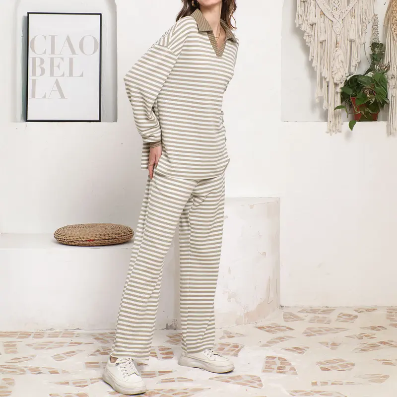Women's Striped V-Neck Knit Top & Wide-Leg Trouser Pants 2-Piece Sweater Set(45% OFF!!!)