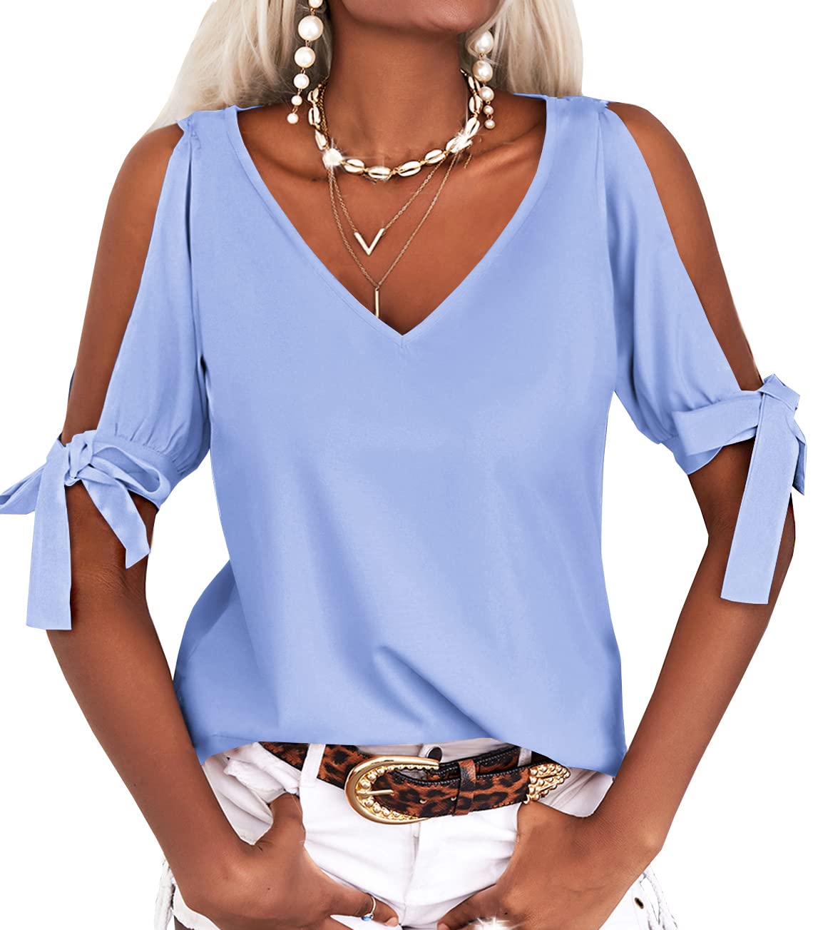 Women's Short Sleeve V-Neck Casual Loose Cutout Blouse