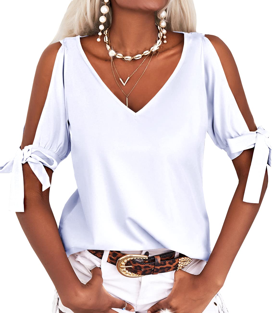 Women's Short Sleeve V-Neck Casual Loose Cutout Blouse