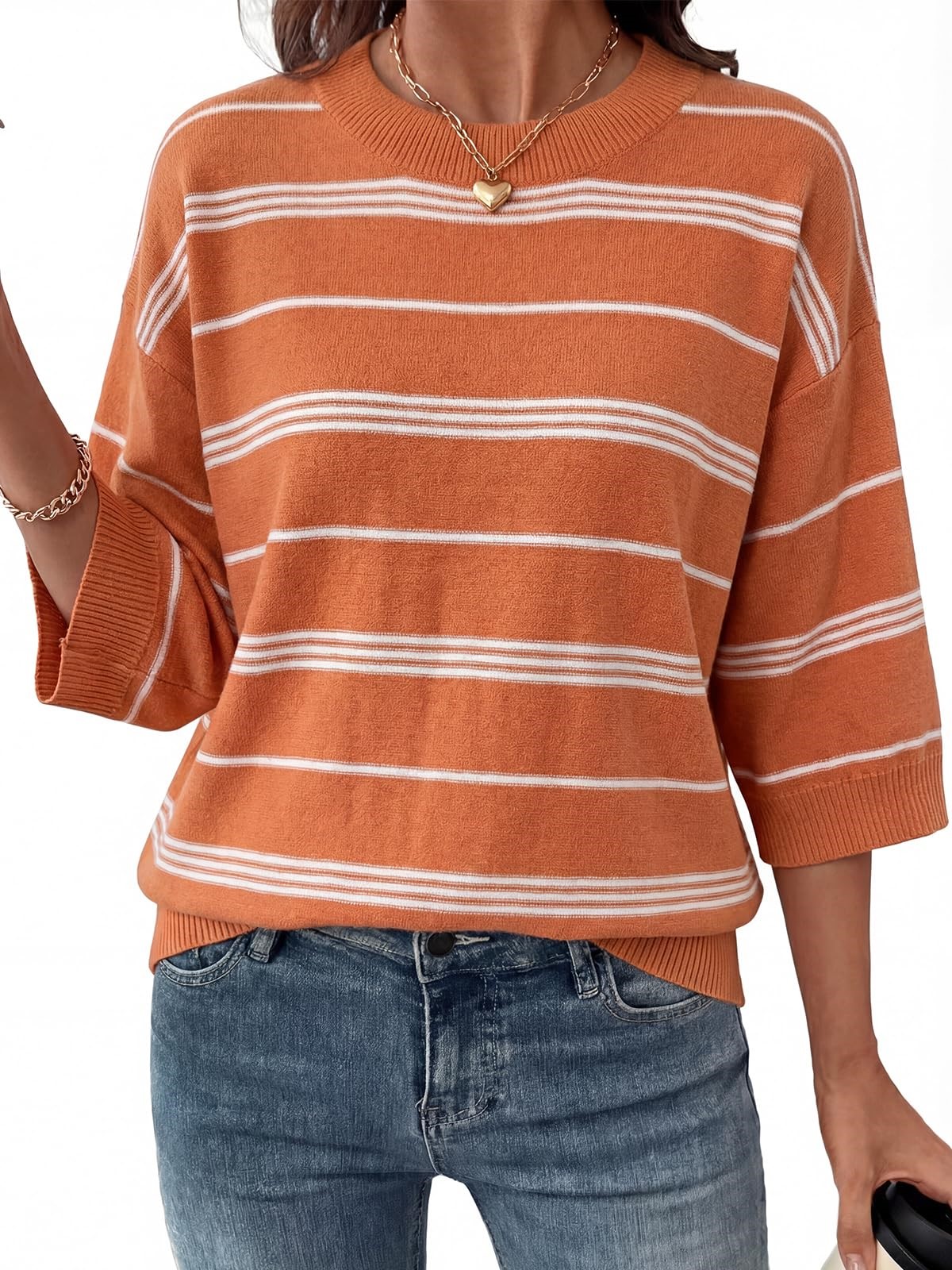 Women's Oversized 3/4 Sleeve Striped Lightweight Knit Sweater Tops