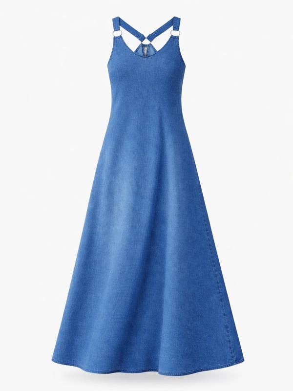 Women’s Sleeveless Denim Maxi Dress with Adjustable Cross Back Straps