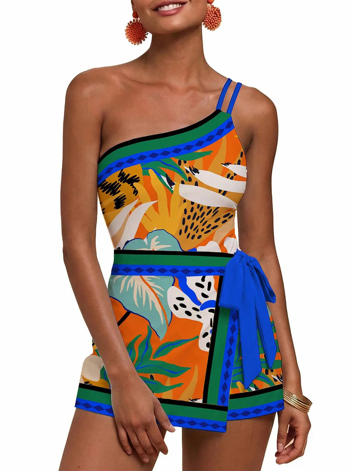 Womens One Shoulder Floral One Piece Swim Dress Tankini Set 