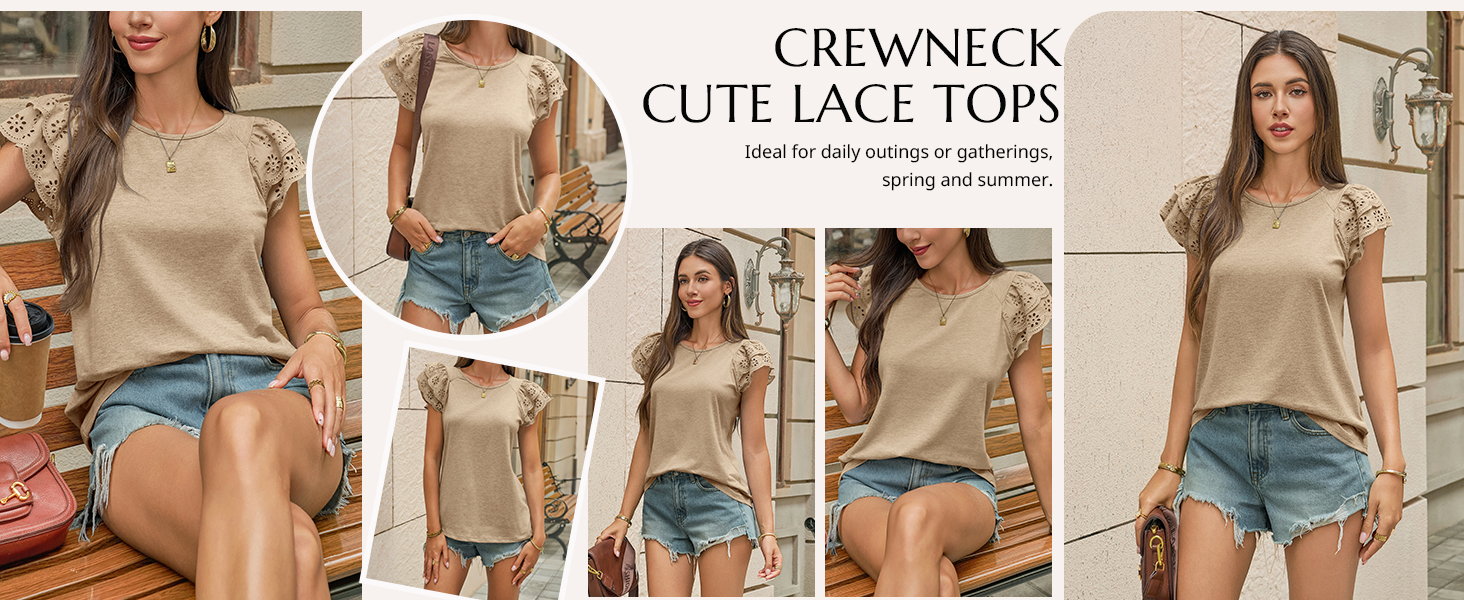 Womens Ruffle Cap Sleeve T-Shirts Dressy Casual Summer Lace Tank Tops