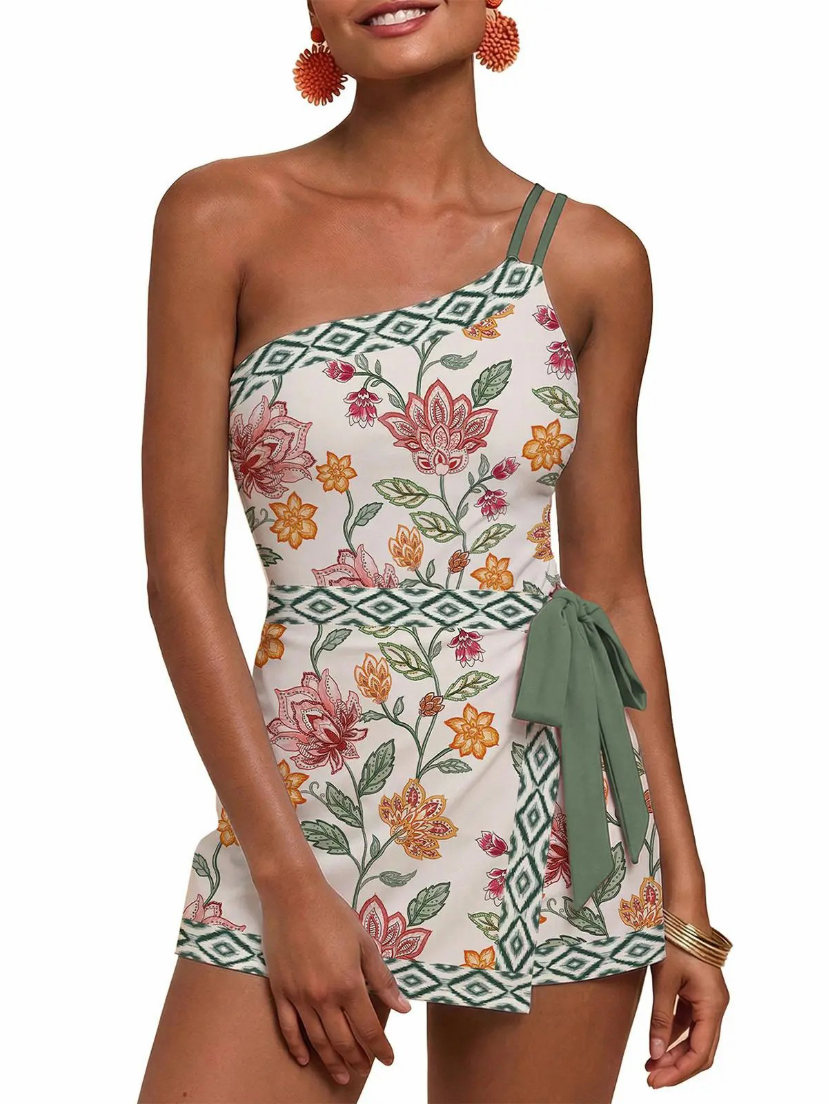 Womens One Shoulder Floral One Piece Swim Dress Tankini Set 