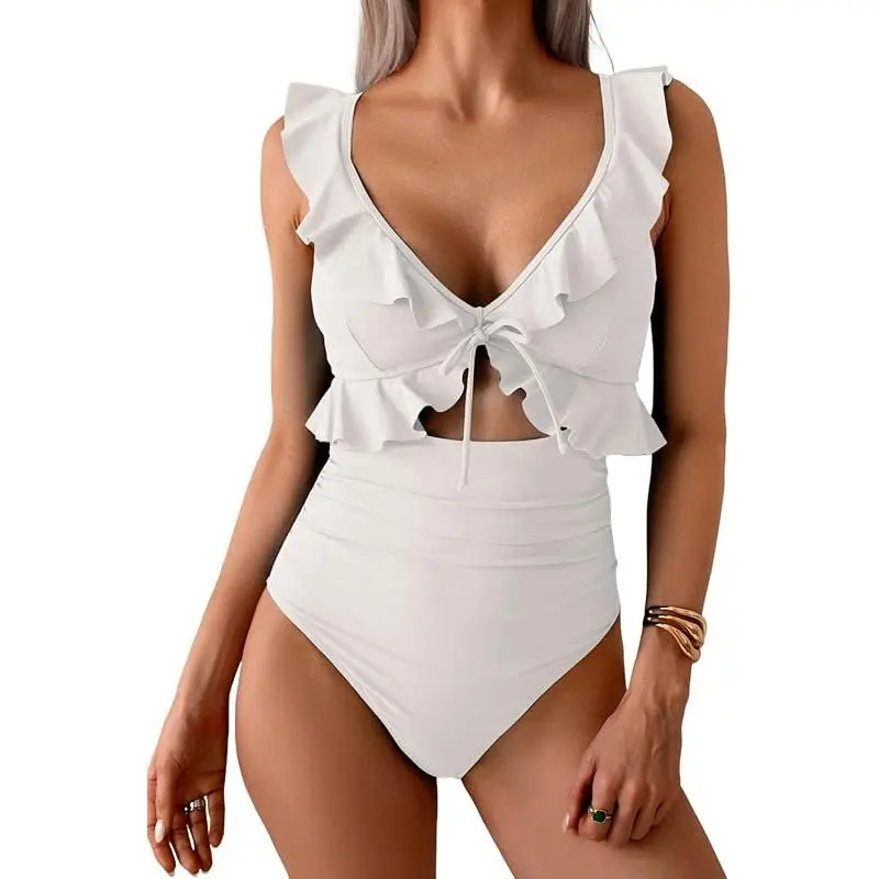 Women Tummy Control Ruffle Bathing Suit V Neck Ruched Swim Suit