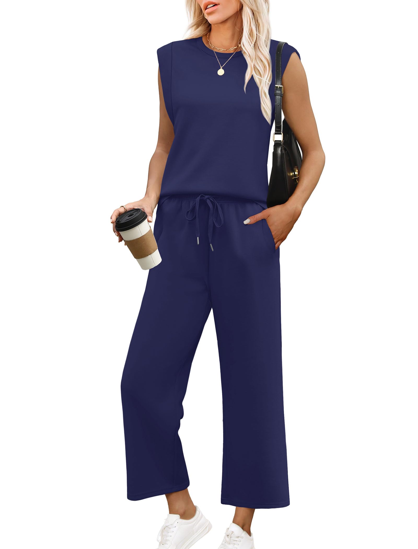 2025 New Women's Casual Cap Sleeve Top Wide Leg Crop Pants Two Piece Sets(buy 2 free shipping)