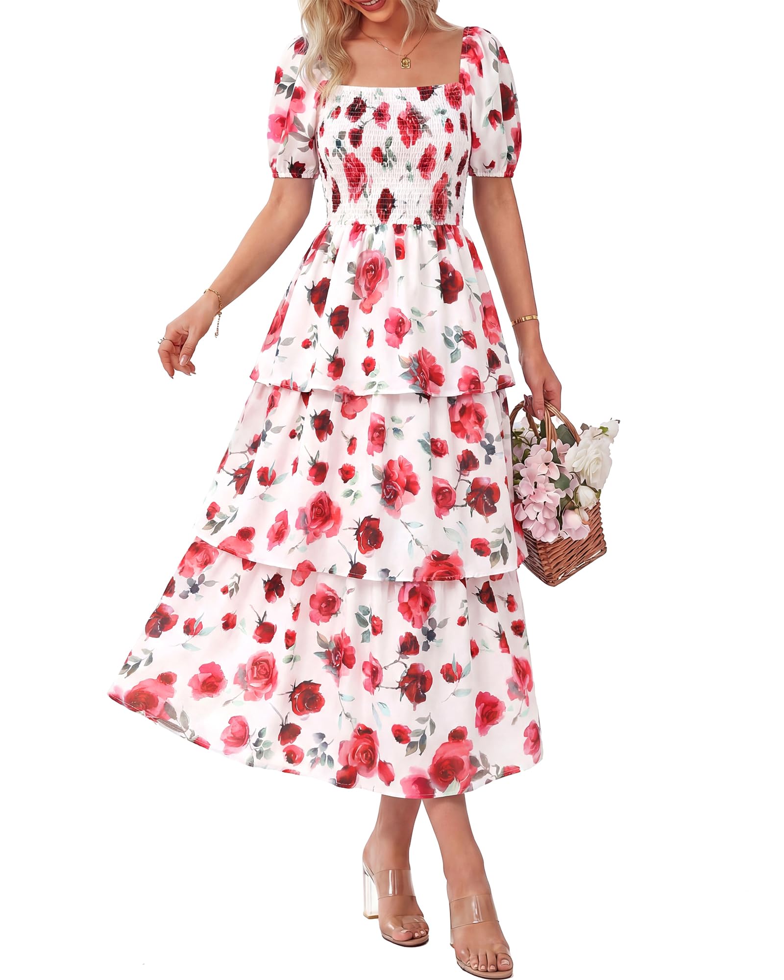 Women's Floral Square Neck Puff Short Sleeve Smocked Tiered Dress