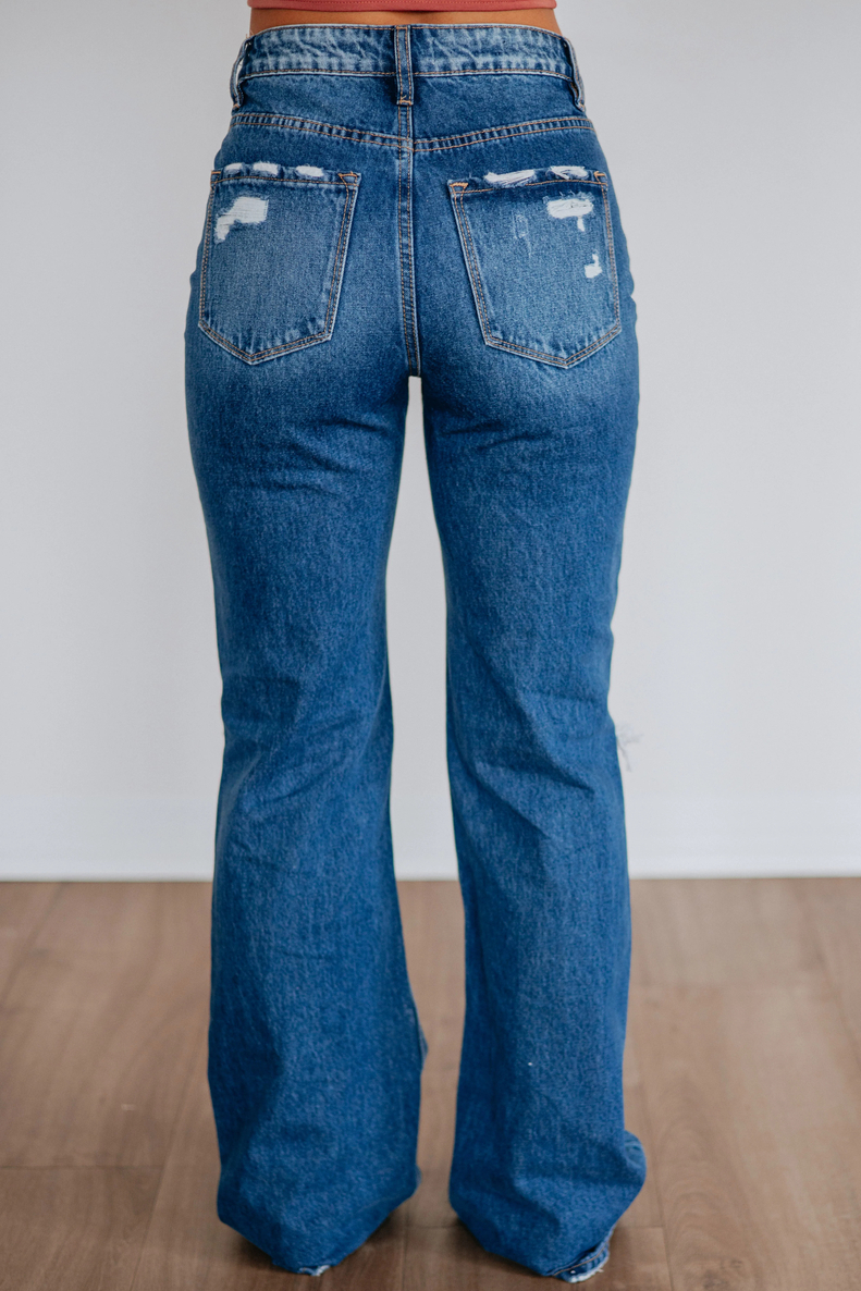 Women's Flared Ripped Stretchy Mid Rise Cut Out Distressed Denim Bootcut Jeans