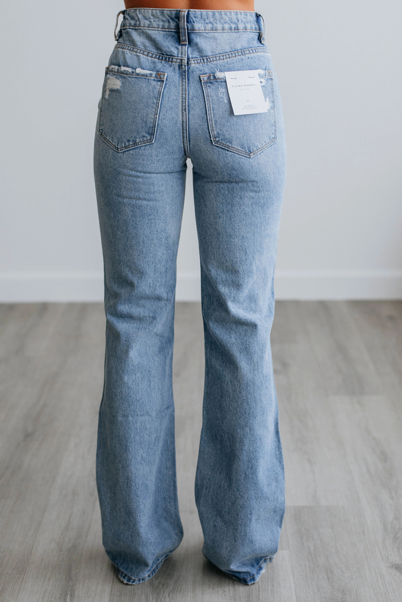 Women's Flared Ripped Stretchy Mid Rise Cut Out Distressed Denim Bootcut Jeans