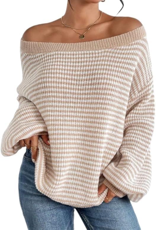 Women's Striped Off Shoulder Casual Oversized Knitted Sweater Pullovers