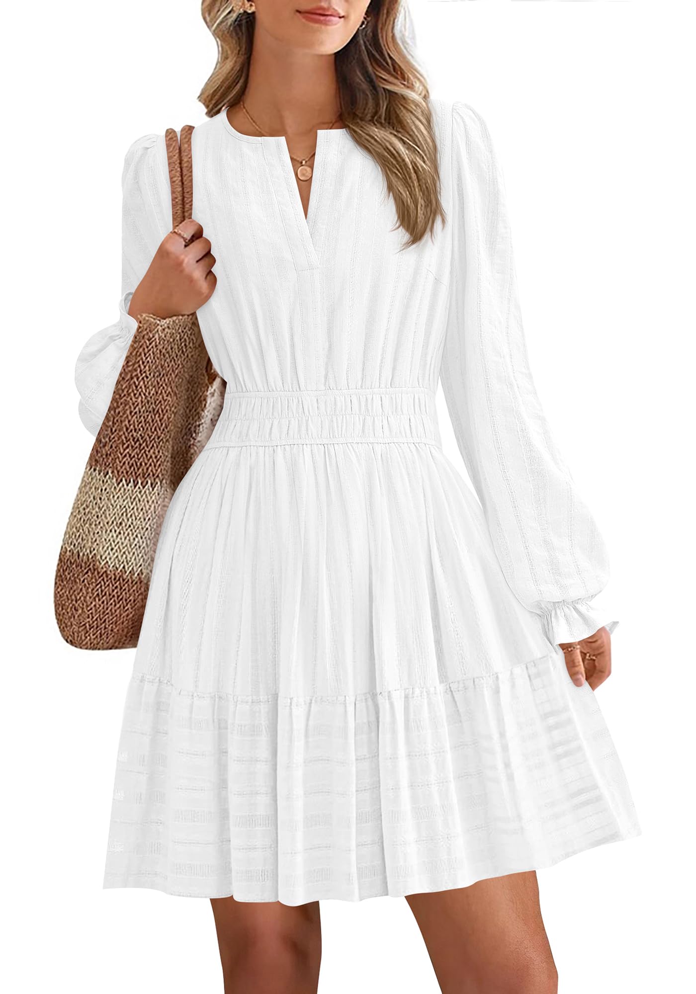 Women 2026 Casual Lightweight Long Sleeve V Neck A Line Elastic Waist Mini Dresses(50% OFF!!!)