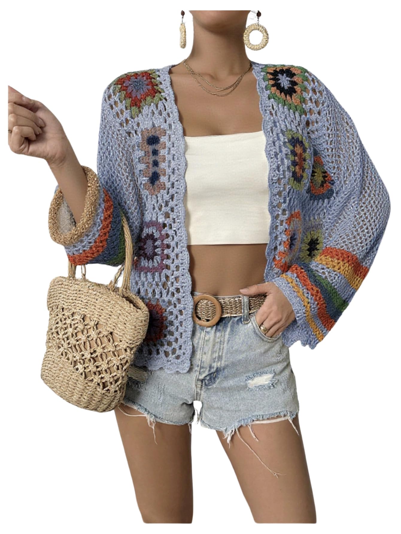 Women's Floral Crochet Cardigan Hollow Out Open Front Long Sleeve Cardigan