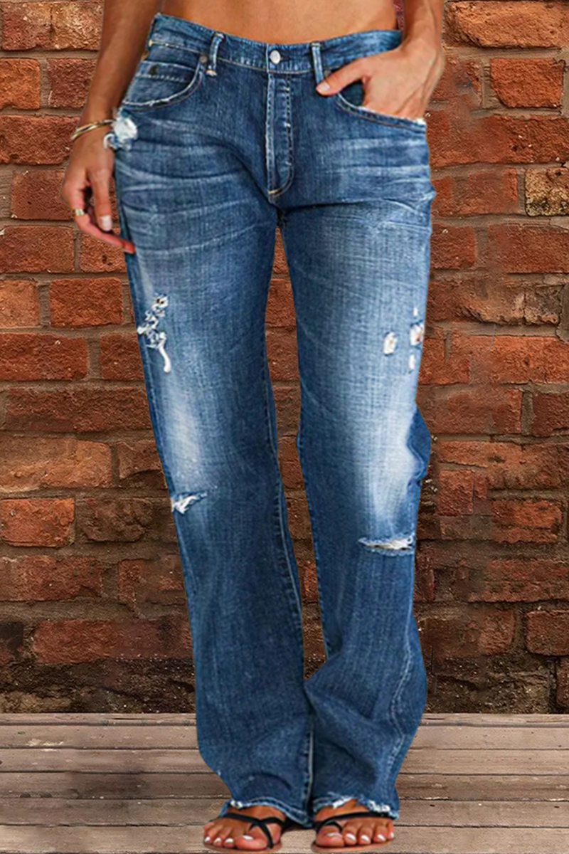 Ripped Low Waist Straight Leg Jeans