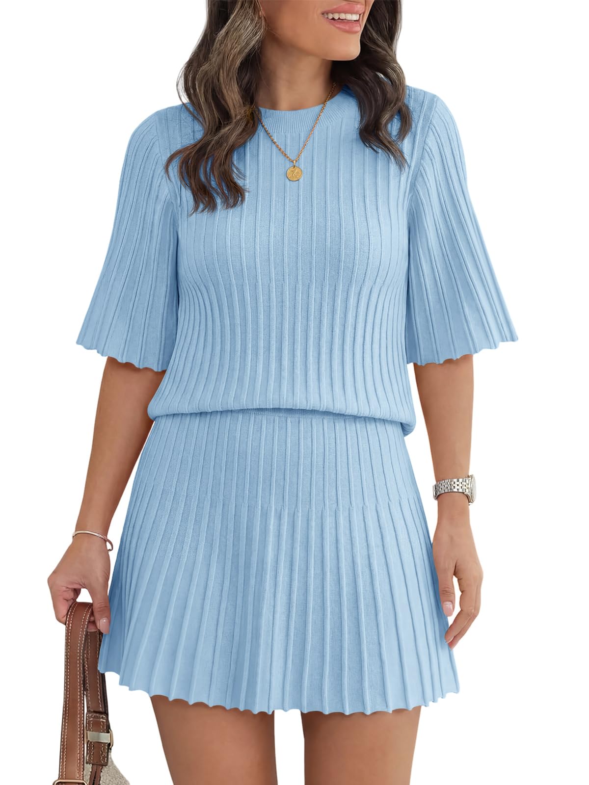 Womens Half Sleeve Ribbed Knit Top and Pleated Skirt Sweater Sets