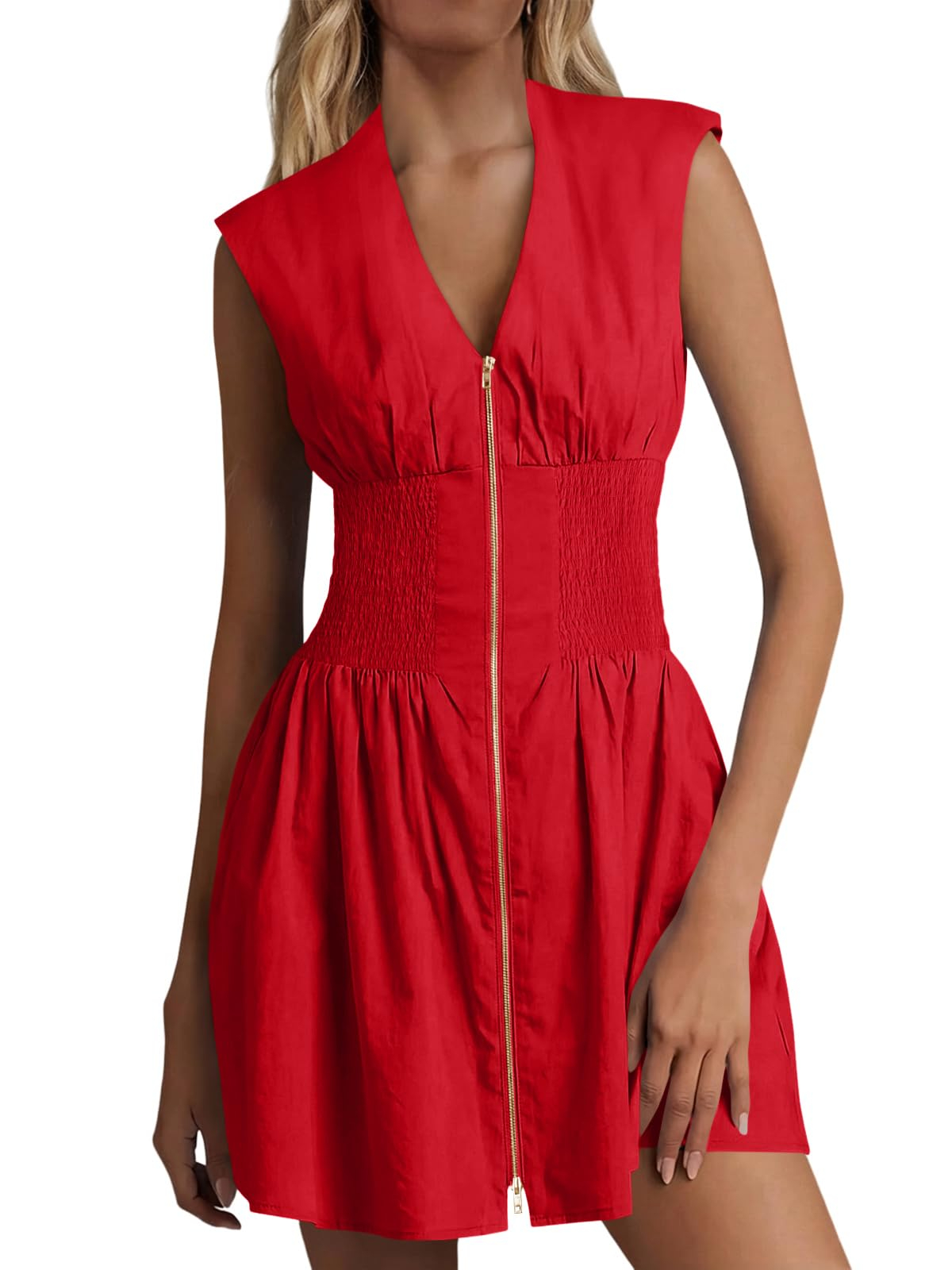 Women's Sleeveless Casual Zip Front V Neck Dress with Pockets