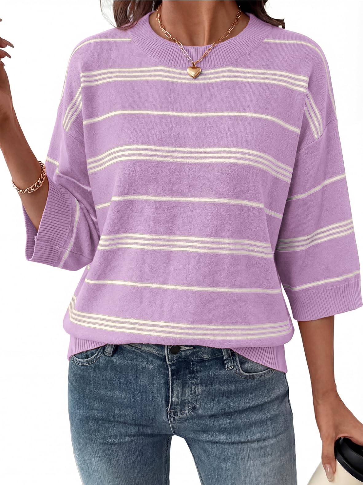 Women's Oversized 3/4 Sleeve Striped Lightweight Knit Sweater Tops