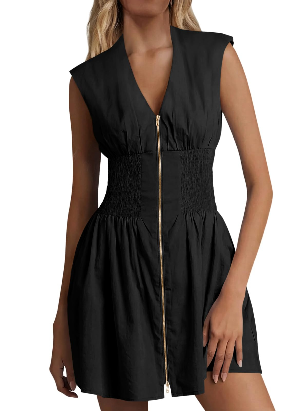 Women's Sleeveless Casual Zip Front V Neck Dress with Pockets