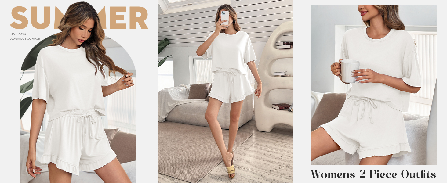 Womens Pajamas Set Lounge Sets Cropped Short Sleeve T Shirts Drawstring Ruffle Shorts Sleepwear