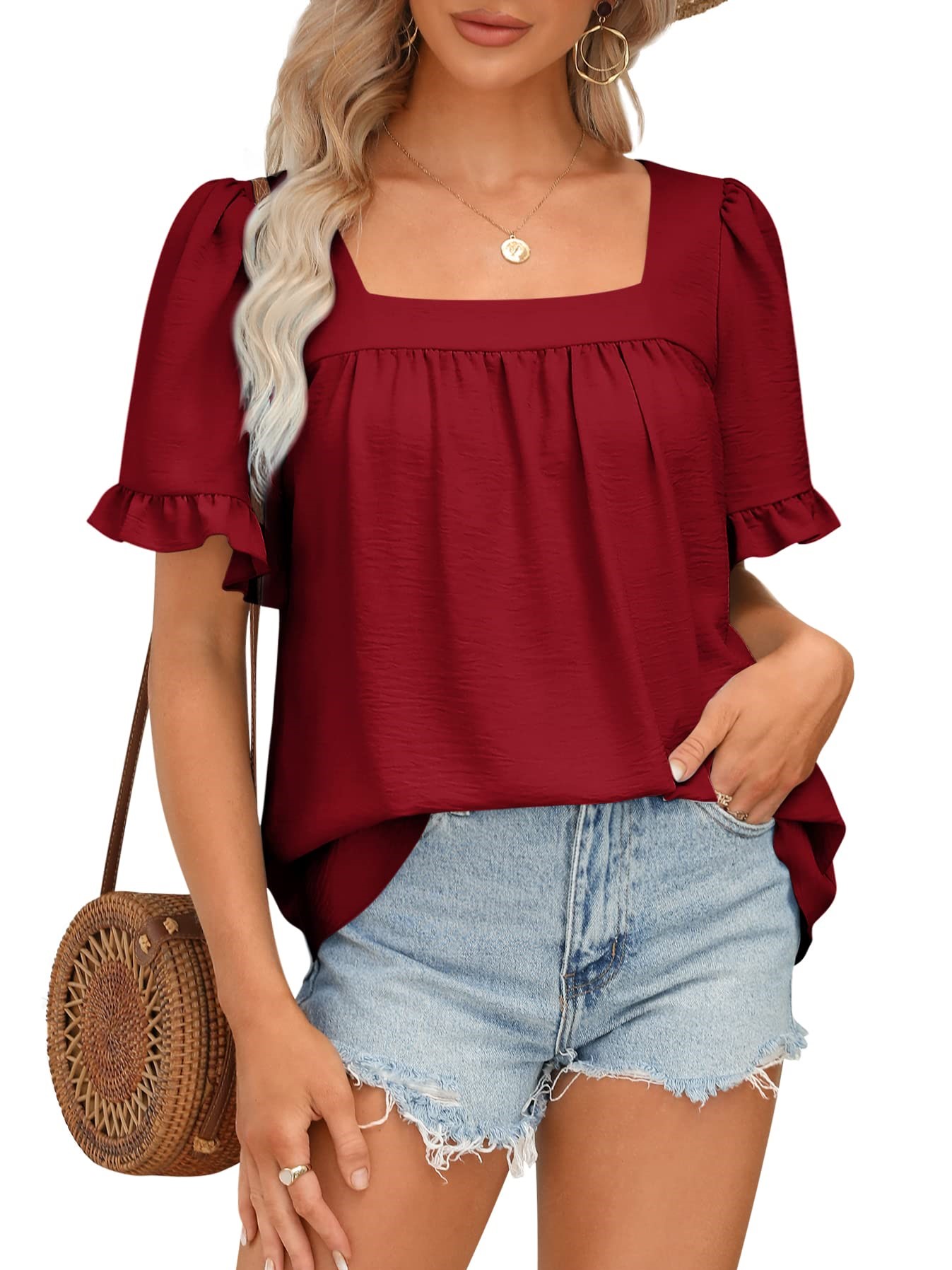 HOT SALE Women's Sqaure Neck Ruffle Sleeve Blouses Peplum Tops(buy 3 free shipping)