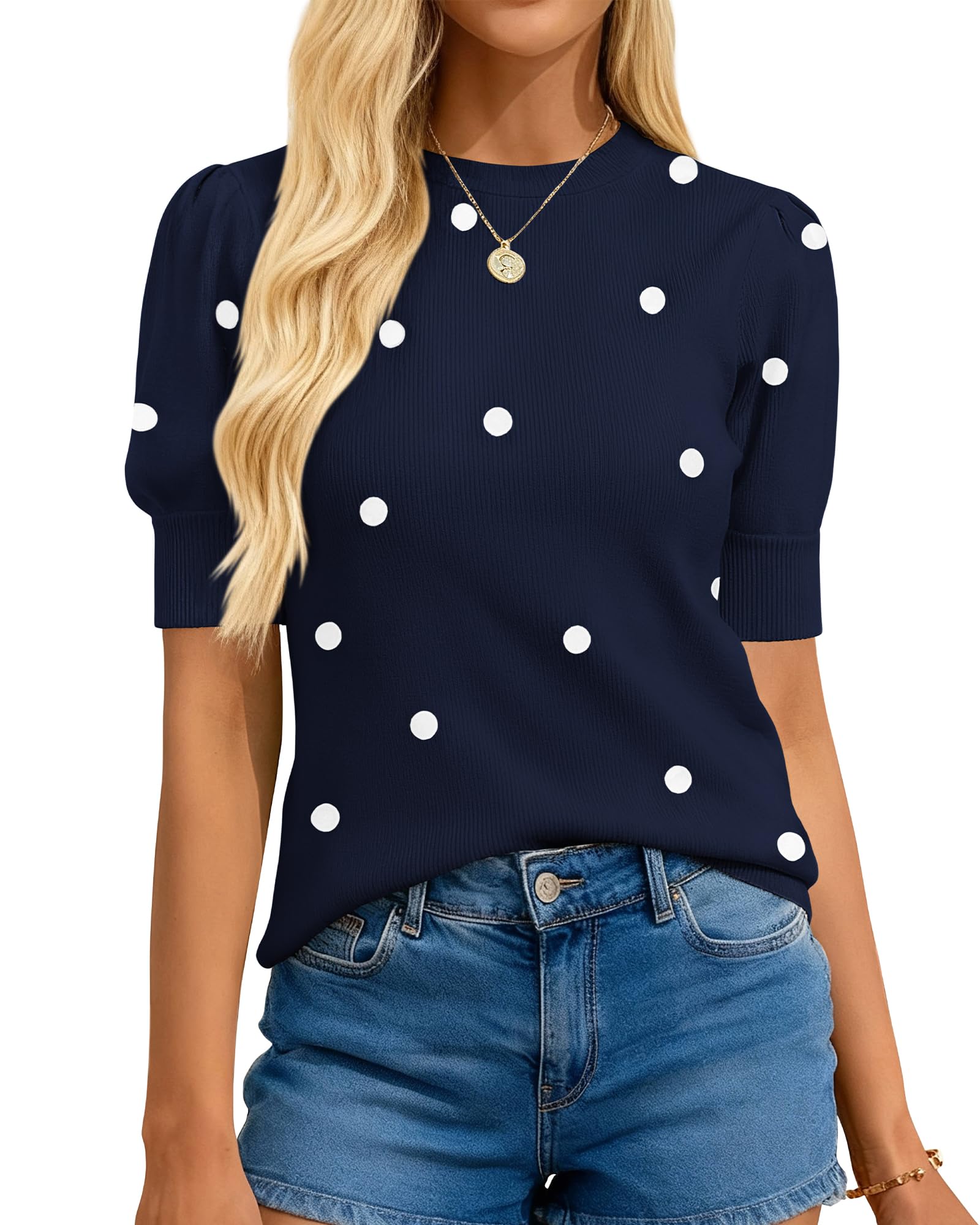 Womens Polka Dot Short Sleeve Crew Neck Sweater(buy 2 free shipping)