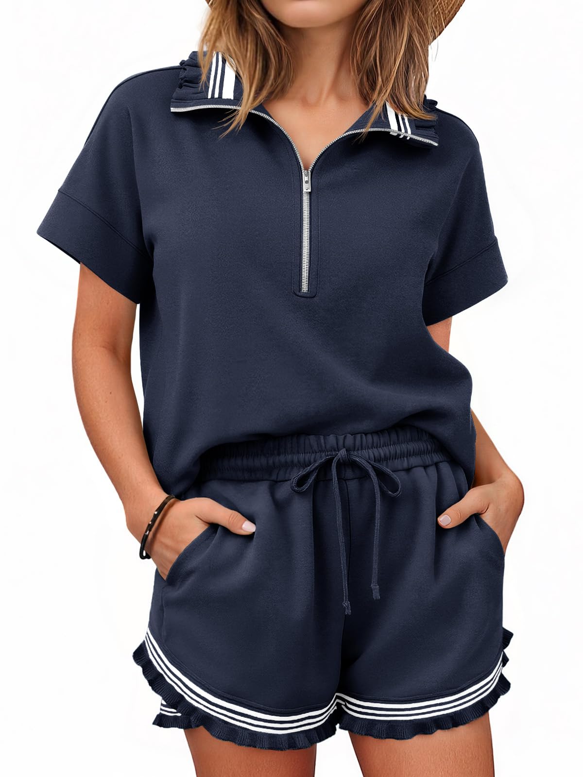 Women Summer Half Zip Ruffle Tops Matching Sets 2 Piece Outfits Short Sets