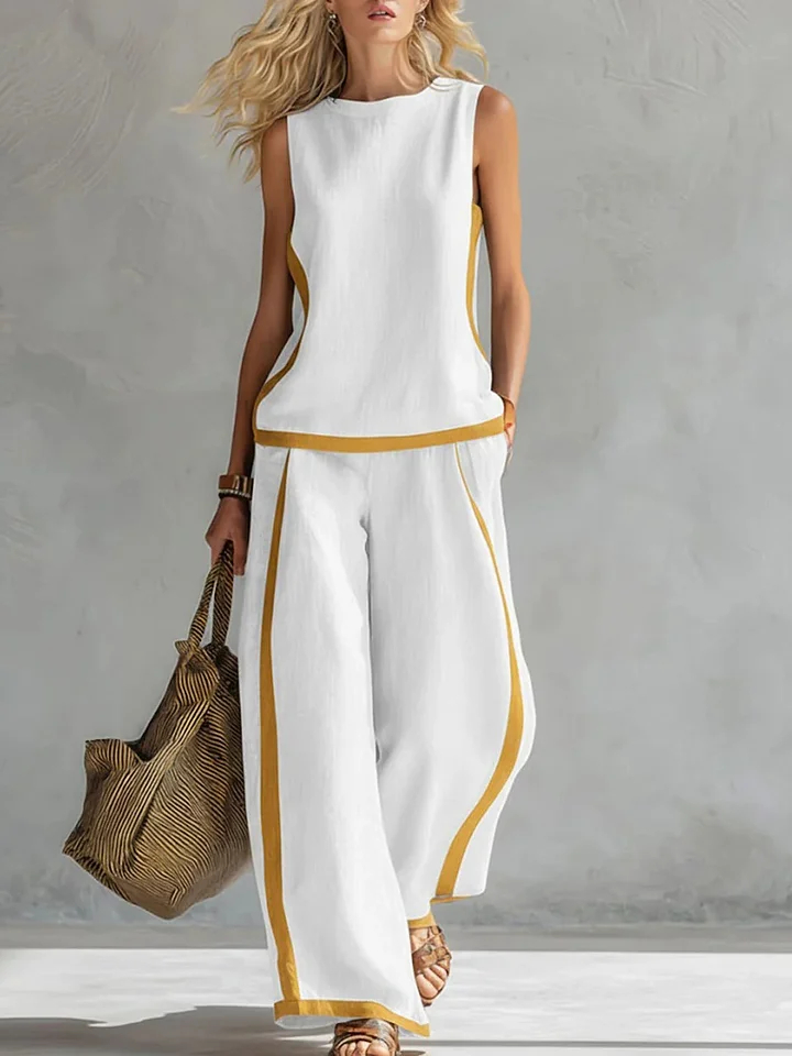Women's Round Neck Sleeveless Casual Loose Top & Loose Wide-leg Pants Cotton and Linen Set