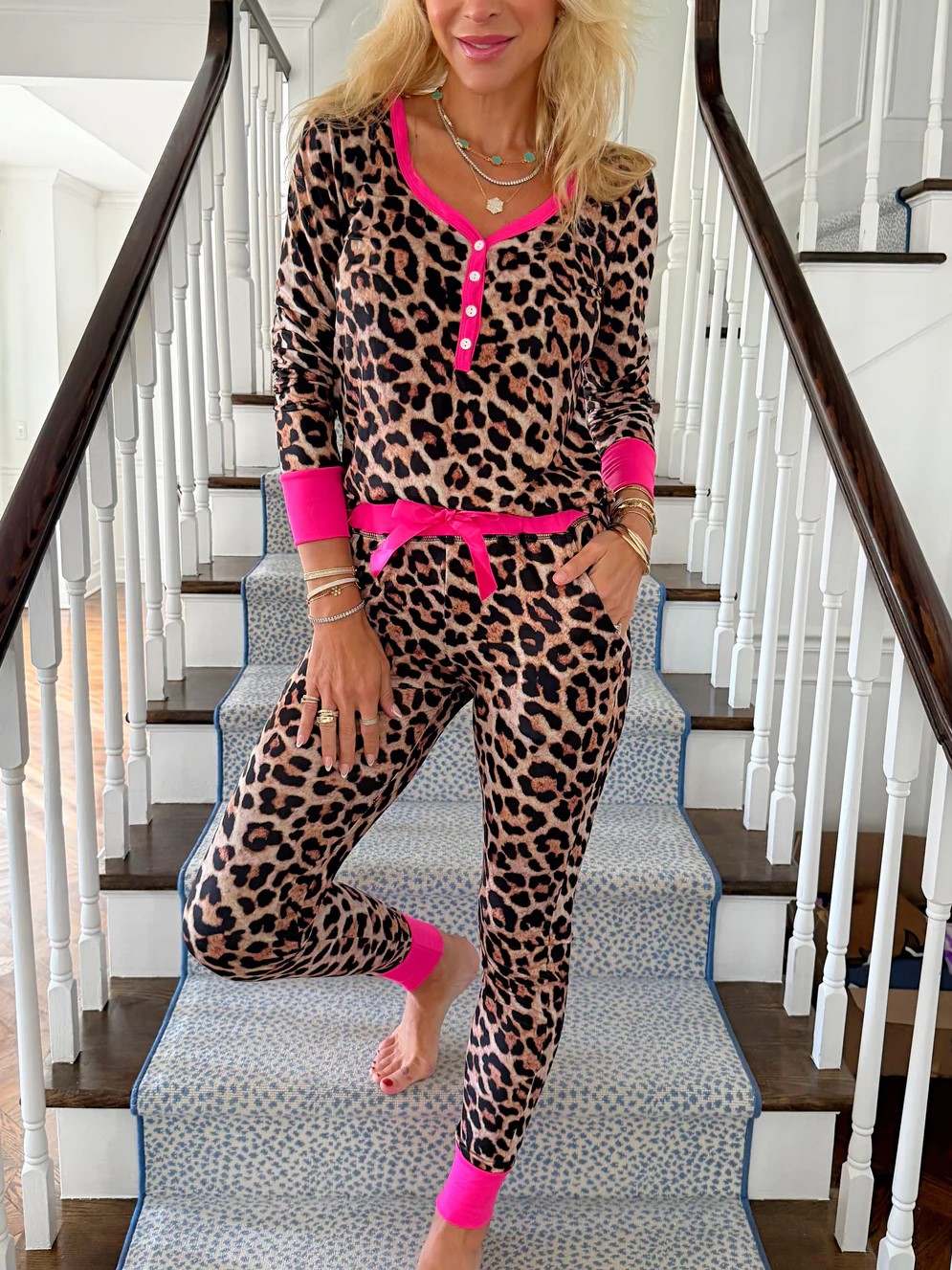 Women's Leopard with Pink Trim Jogger Pajama Set