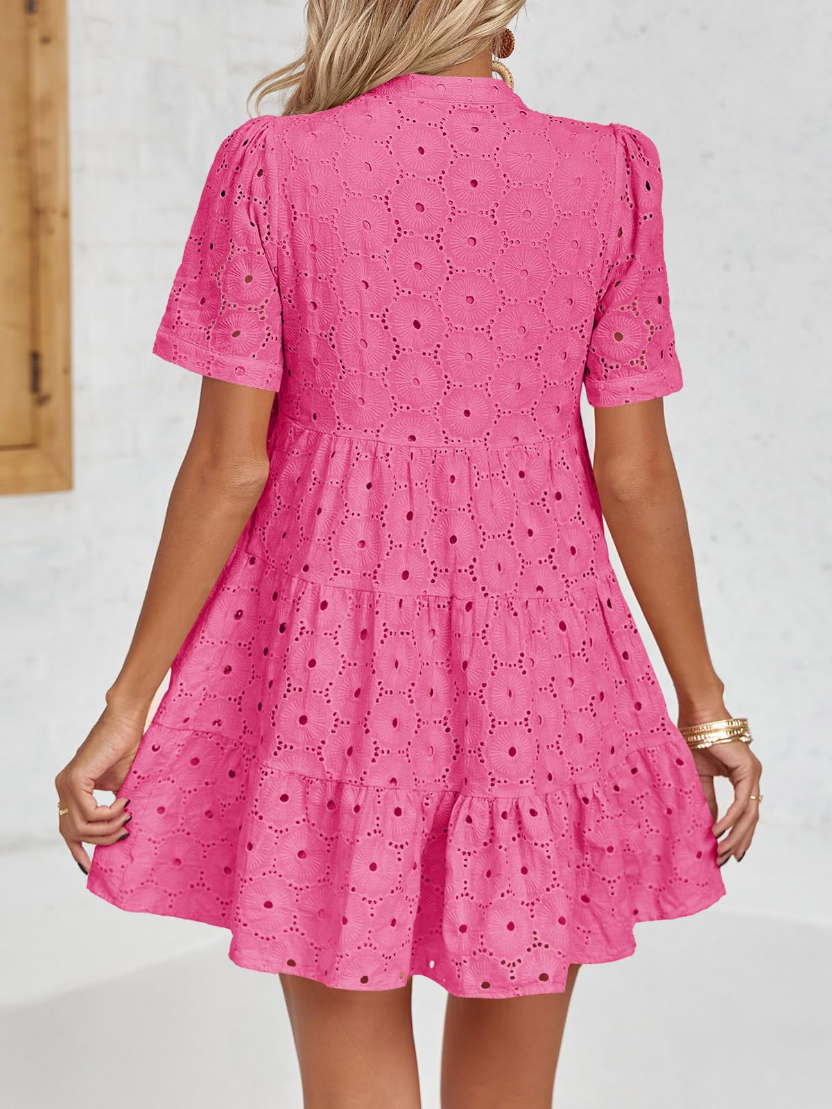 Women’s Summer Lace Dresses Eyelet Casual Flowy Babydoll Swing Short Sleeve V Neck Tunic Dress