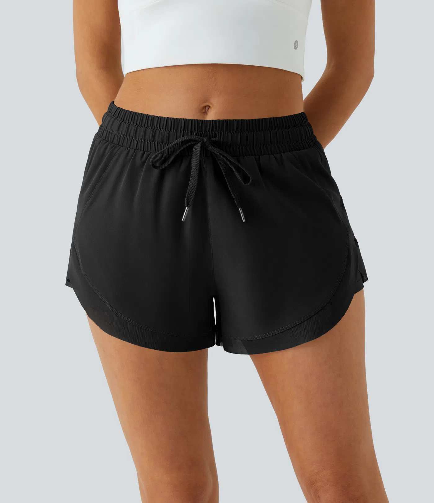 Women Mid Rise Drawstring Contrast Mesh 2-in-1 Flowy Running Shorts 3''