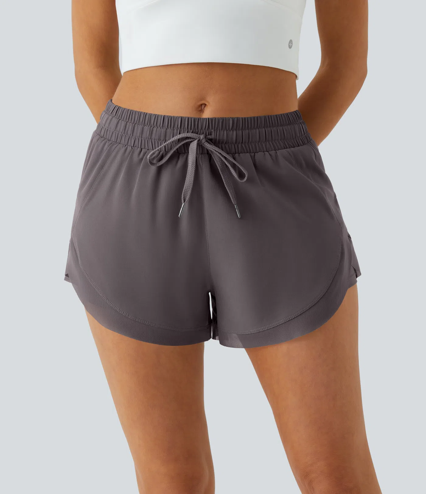 Women Mid Rise Drawstring Contrast Mesh 2-in-1 Flowy Running Shorts 3''